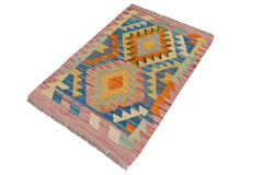 handmade Geometric Kilim Purple Beige Hand-Woven RECTANGLE 100% WOOL area rug 2' x 3'