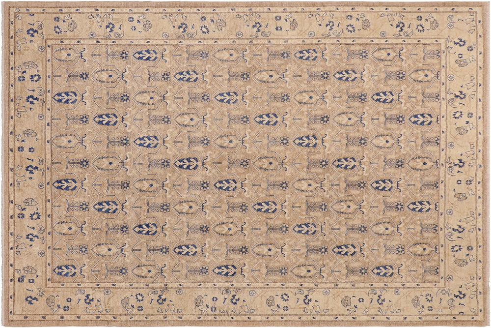 handmade Transitional Kafkaz Tan Blue Hand Knotted RECTANGLE 100% WOOL area rug 8' x 10'
