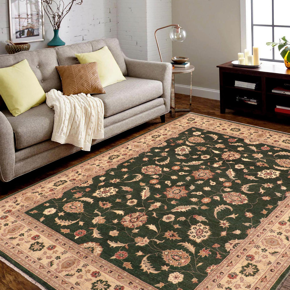 handmade Transitional Kafkaz Green Beige Hand Knotted RECTANGLE 100% WOOL area rug 8' x 10'