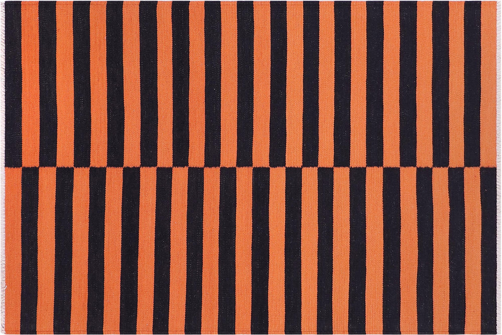 handmade Modern Kilim Rust Black Hand-Woven RECTANGLE 100% WOOL area rug 3x5