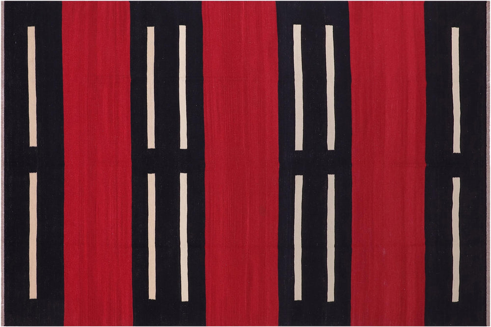handmade Modern Kilim Red Beige Hand-Woven RECTANGLE 100% WOOL area rug 7 x 10