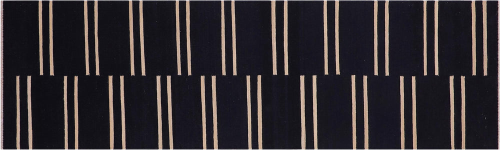 handmade Modern Kilim Black Beige Hand-Woven RUNNER 100% WOOL area rug 3 x 10