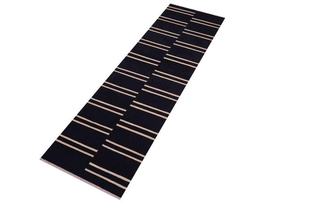 handmade Modern Kilim Black Beige Hand-Woven RUNNER 100% WOOL area rug 3 x 10