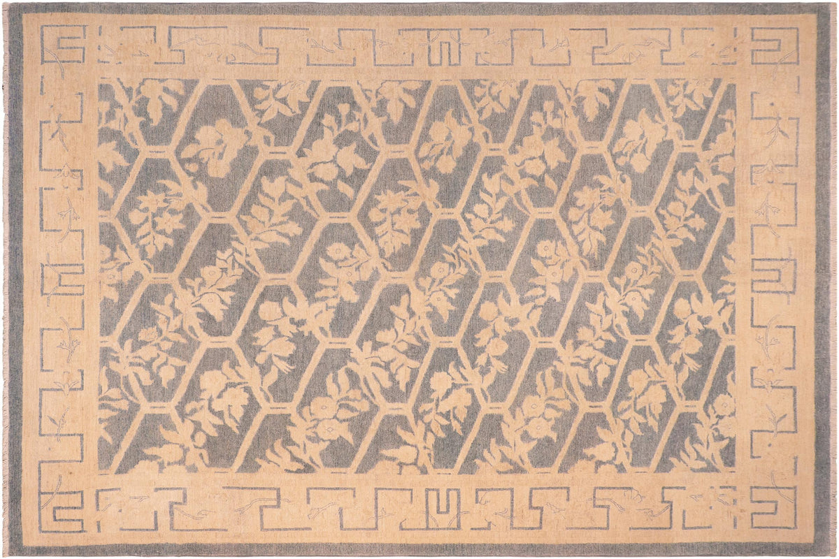 8x10 hand knotted transitional wool rug in blue and beige - Chic Whitley
