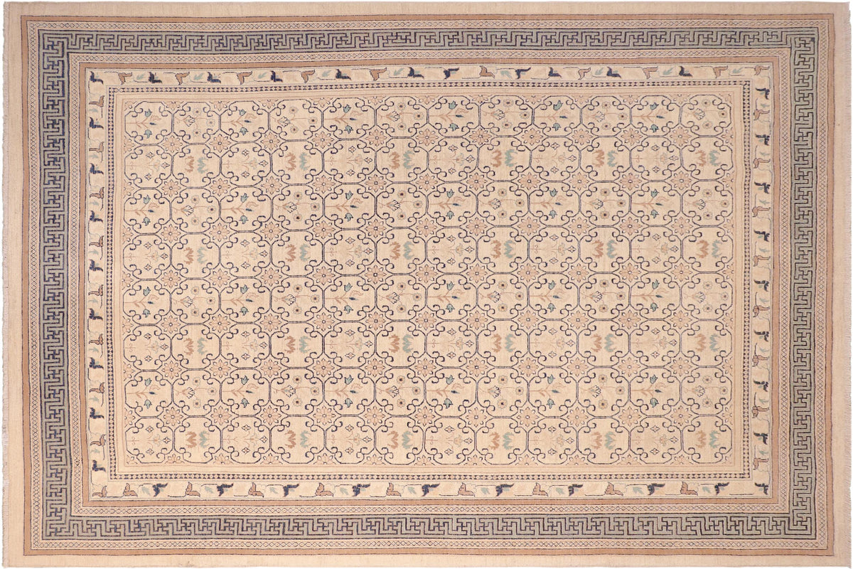 handmade Transitional Kafkaz Beige Lt. Green Hand Knotted RECTANGLE 100% WOOL area rug 8' x 10'
