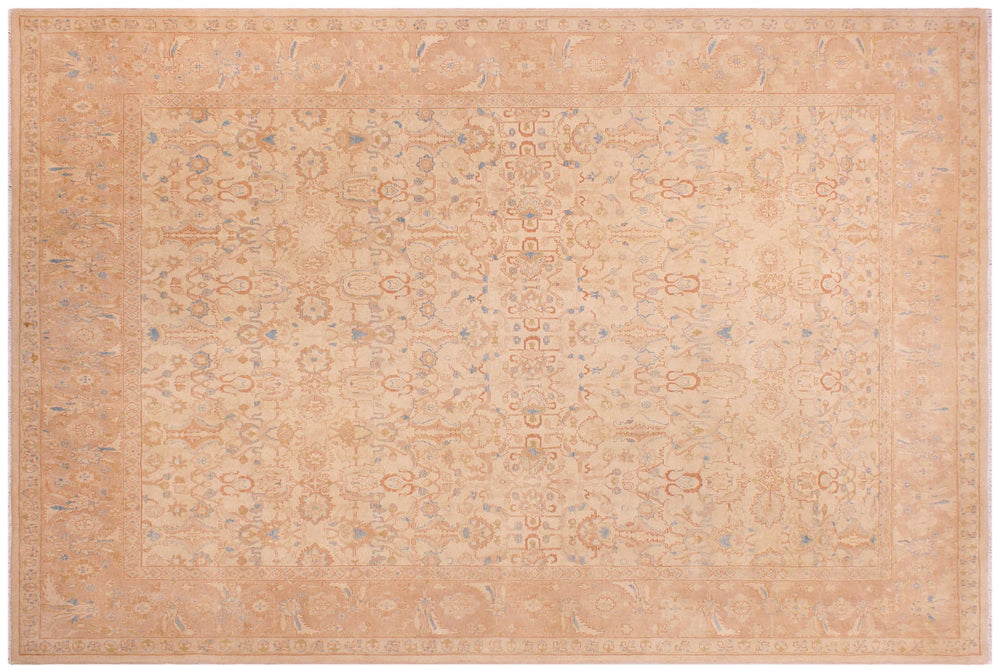 handmade Traditional Lahore Tan Rose Hand Knotted RECTANGLE 100% WOOL area rug 9' x 12'
