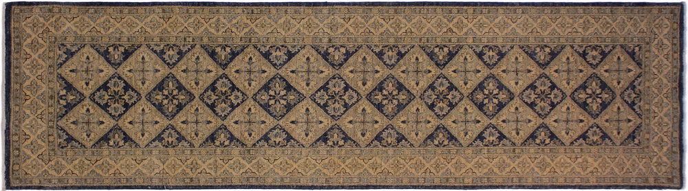 handmade Geometric Kafkaz Blue Beige Hand Knotted RUNNER 100% WOOL area rug 3' x 8'