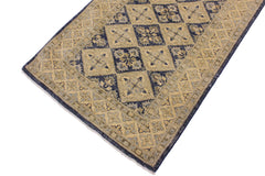 handmade Geometric Kafkaz Blue Beige Hand Knotted RUNNER 100% WOOL area rug 3' x 8'