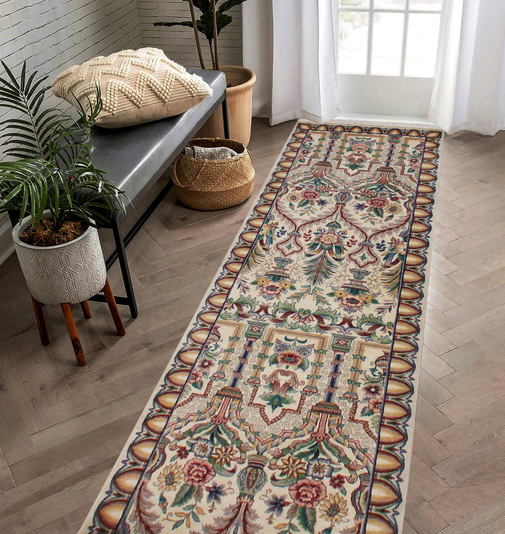 handmade Traditional Mahal Beige Blue Hand Knotted RUNNER 100% WOOL area rug 3' x 12'