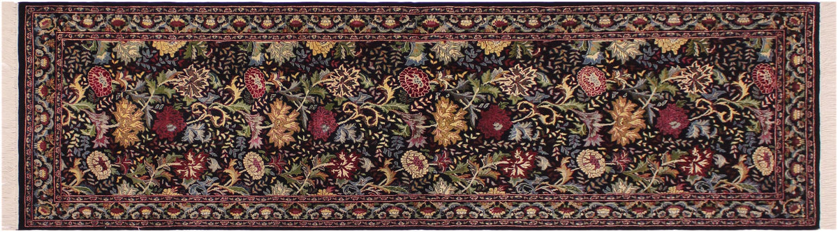 handmade Traditional Morris Black Red Hand Knotted RUNNER 100% WOOL area rug 3' x 8'