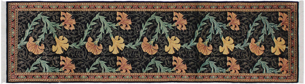 handmade Traditional Carnation Black Pink Hand Knotted RUNNER 100% WOOL area rug 3' x 10'