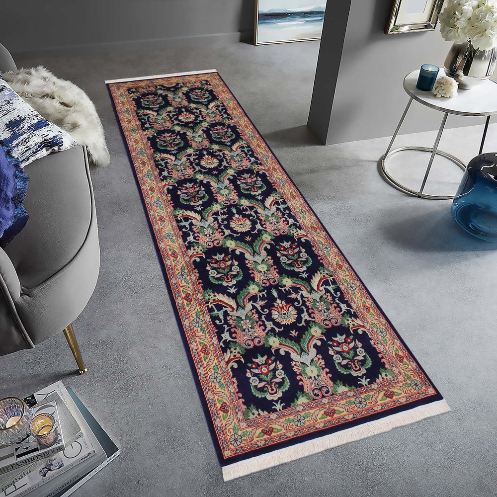 handmade Traditional Kashan Blue Gold Hand Knotted RUNNER 100% WOOL area rug 3' x 10'