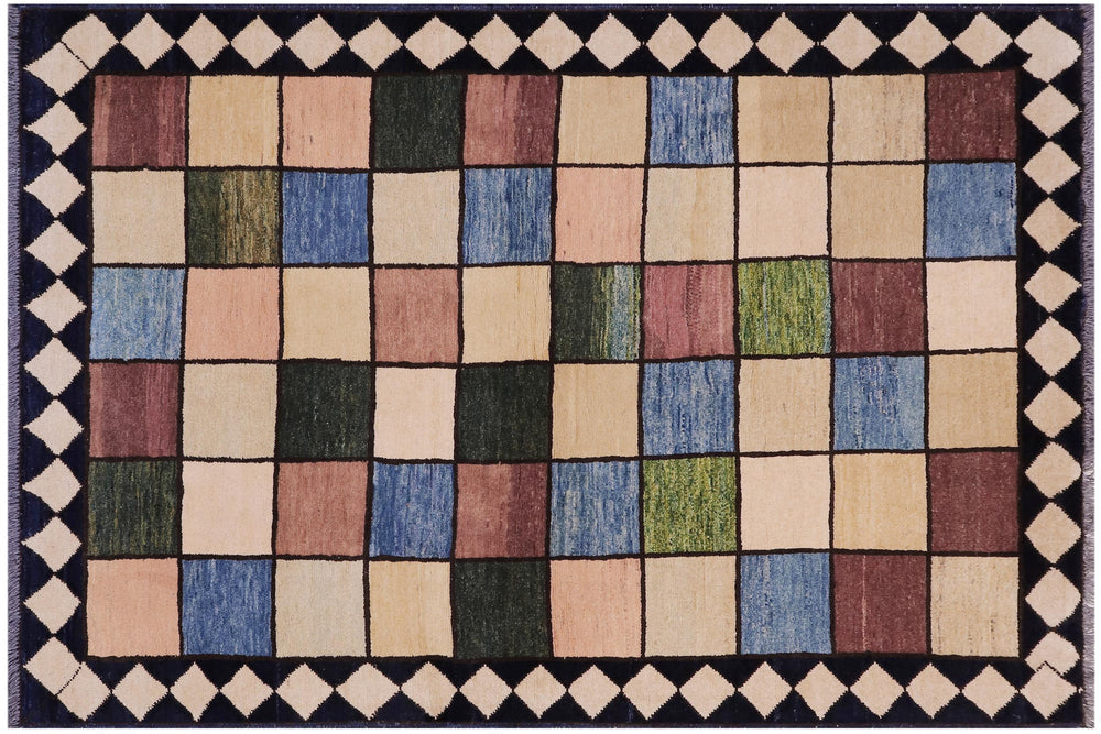 handmade Modern Gabbeh Beige Black Hand Knotted RECTANGLE 100% WOOL area rug 4' x 5'