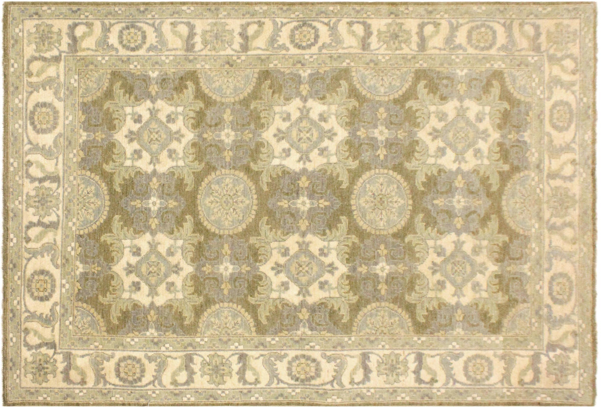 4x6 hand knotted transitional wool rug in green and ivory - Bohemian Jeanna