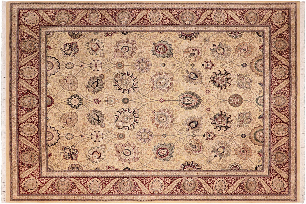 handmade Traditional Mubashar Beige Red Hand Knotted RECTANGLE 100% WOOL area rug 8x10