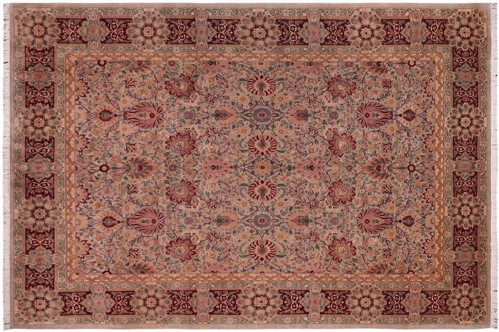 handmade Traditional Lahore Taupe Maroon Hand Knotted RECTANGLE 100% WOOL area rug 9x13