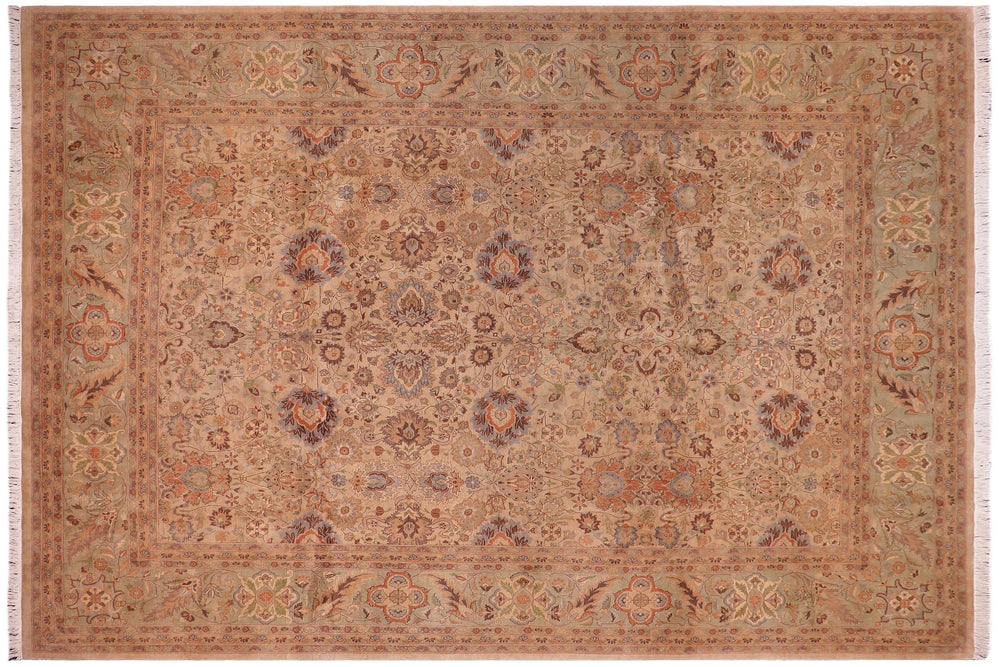 handmade Transitional Mehal Tan Lt. Green Hand Knotted RECTANGLE 100% WOOL area rug 9x12