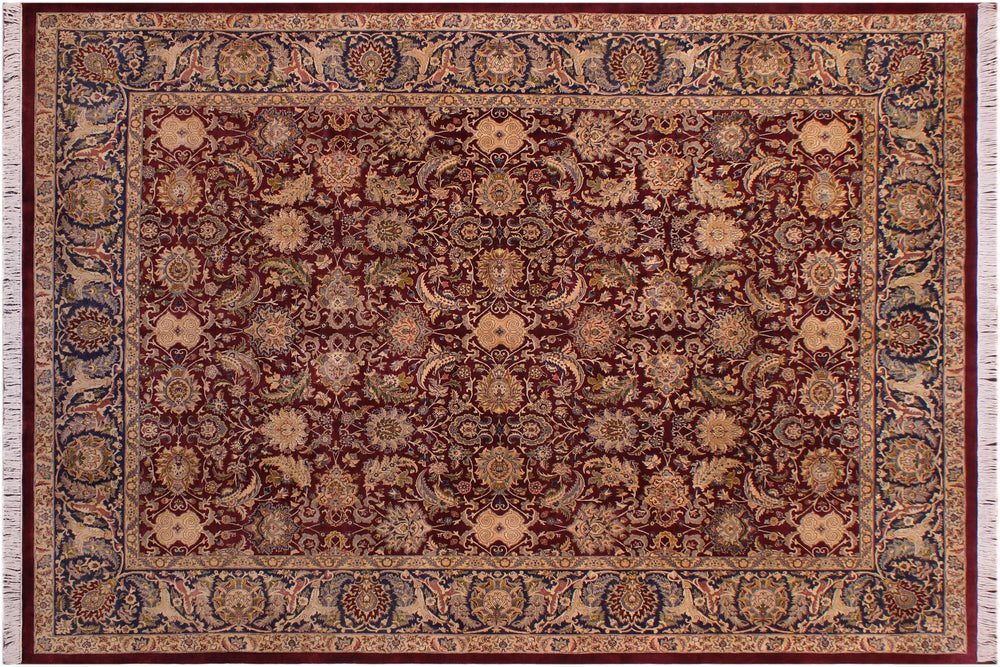 handmade Traditional Agra Maroon Blue Hand Knotted RECTANGLE 100% WOOL area rug 9x12