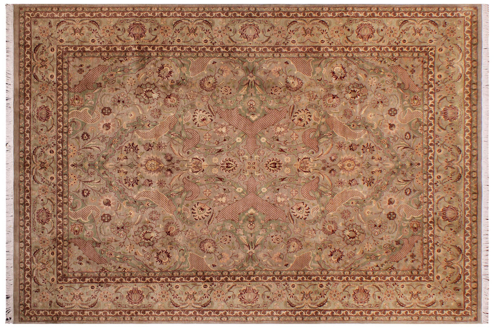 handmade Traditional Agra #2 Taupe Green Hand Knotted RECTANGLE 100% WOOL area rug 9x12