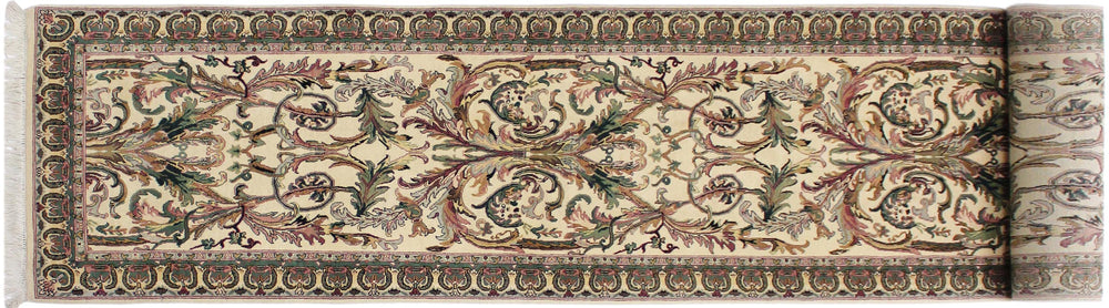 handmade Traditional Bhati Beige Green Hand Knotted RUNNER 100% WOOL area rug 3' x 12'