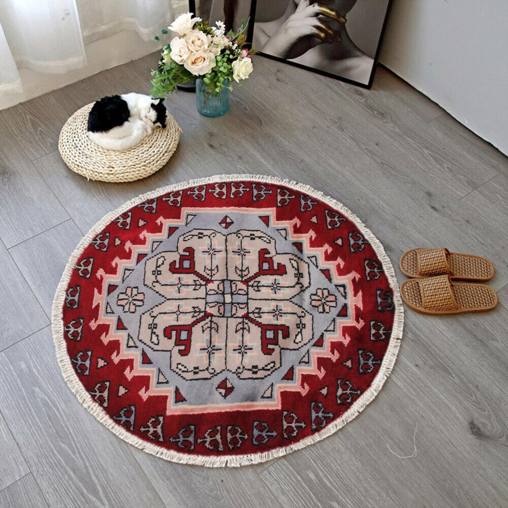handmade Geometric Bokhara Red Grey Hand Knotted ROUND 100% WOOL area rug 2X2