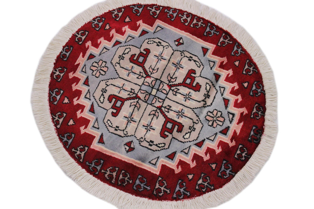 handmade Geometric Bokhara Red Grey Hand Knotted ROUND 100% WOOL area rug 2X2