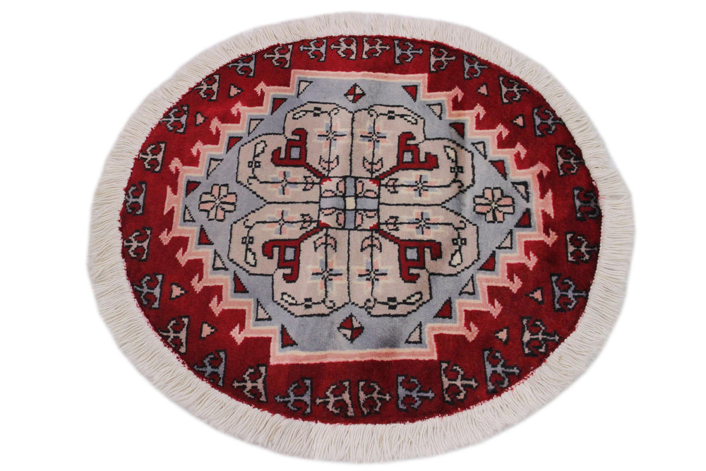 handmade Geometric Bokhara Red Grey Hand Knotted ROUND 100% WOOL area rug 2X2