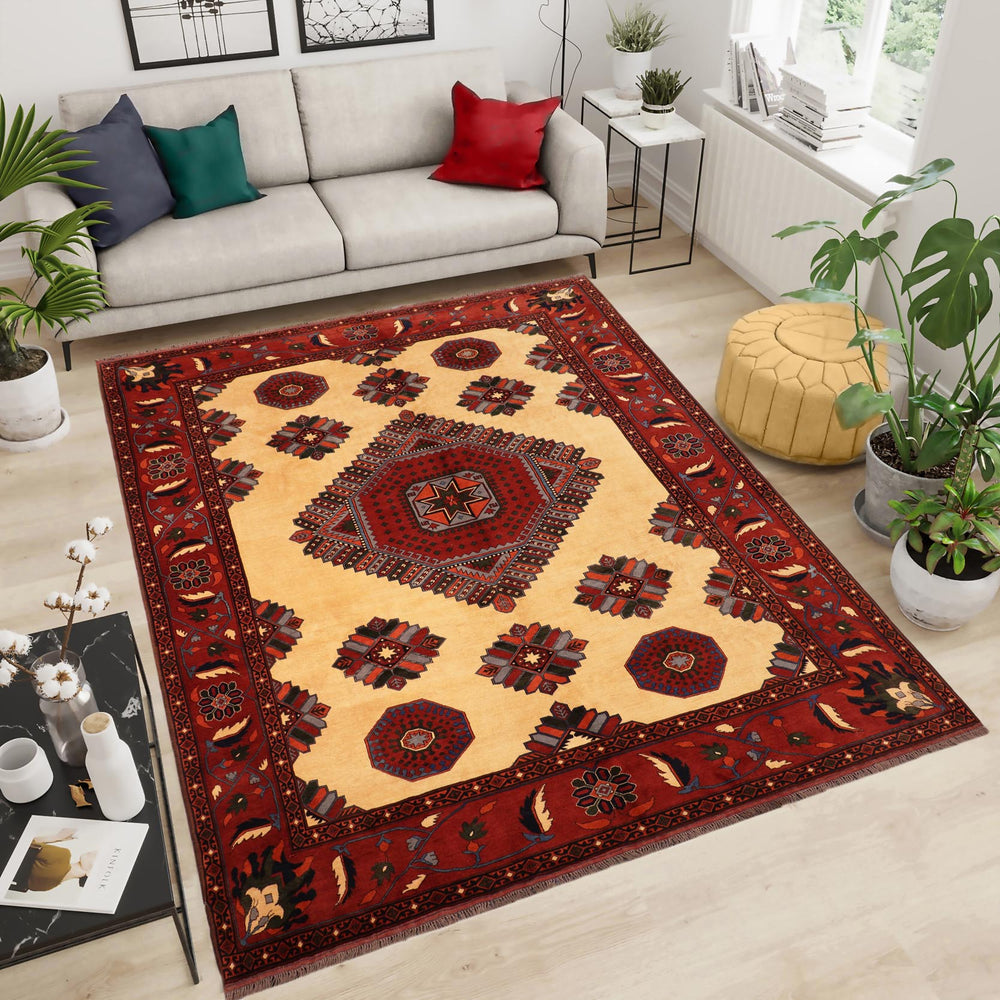 handmade Geometric Kargahi Beige Rust Hand Knotted RECTANGLE 100% WOOL area rug 10x13