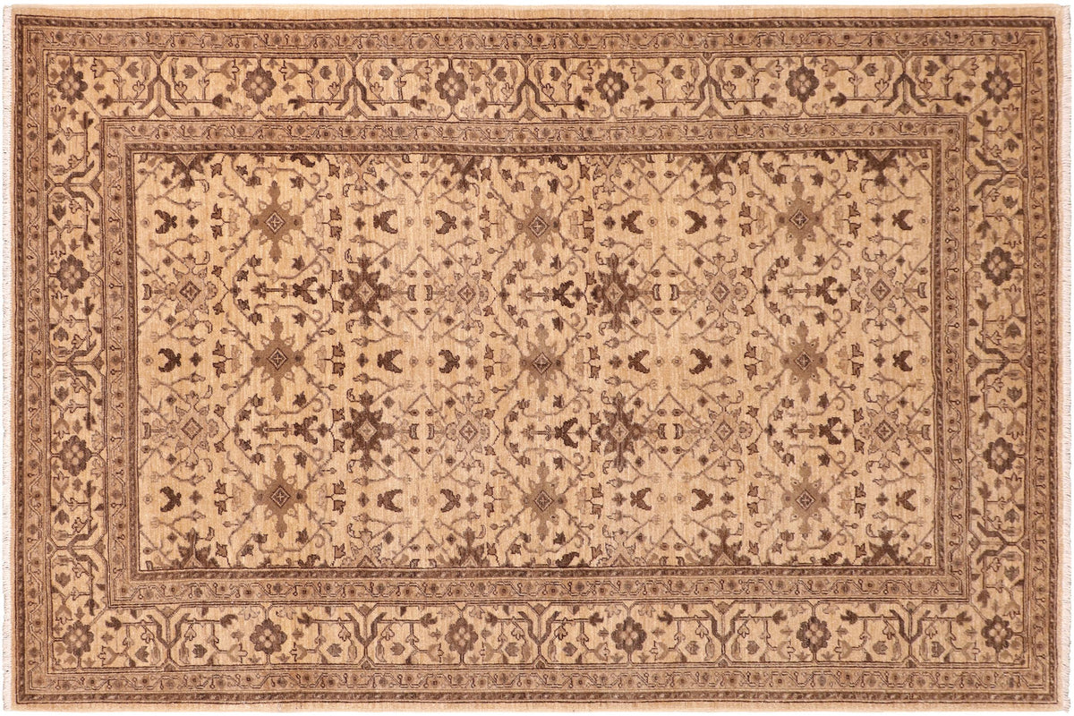 6x9 hand knotted transitional wool rug in beige and brown - Boho Chic Hulda