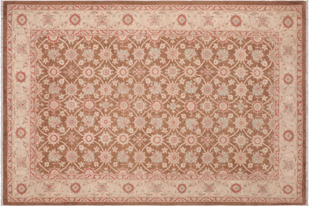 6x9 hand knotted transitional wool rug in brown and beige - Oriental Vicenta
