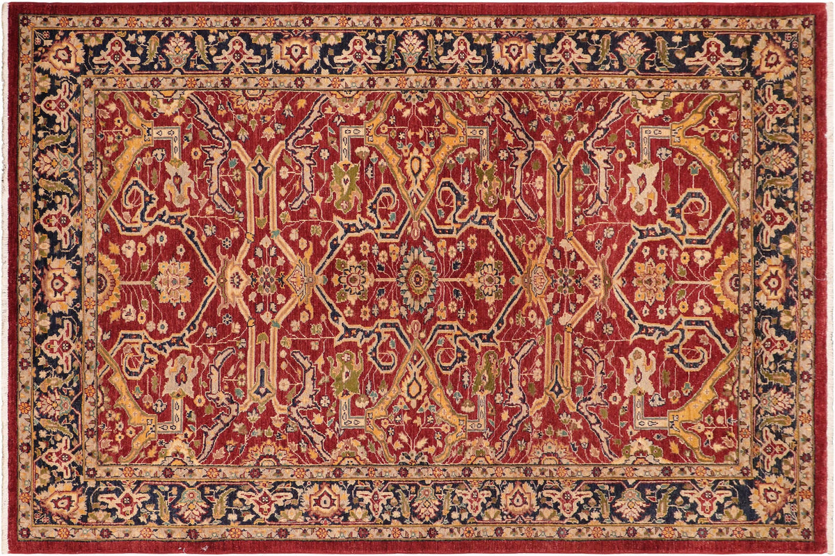 6x9 hand knotted transitional wool rug in red and blue - Classic Bea