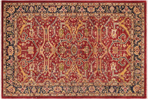 6x9 hand knotted transitional wool rug in red and blue - Classic Bea