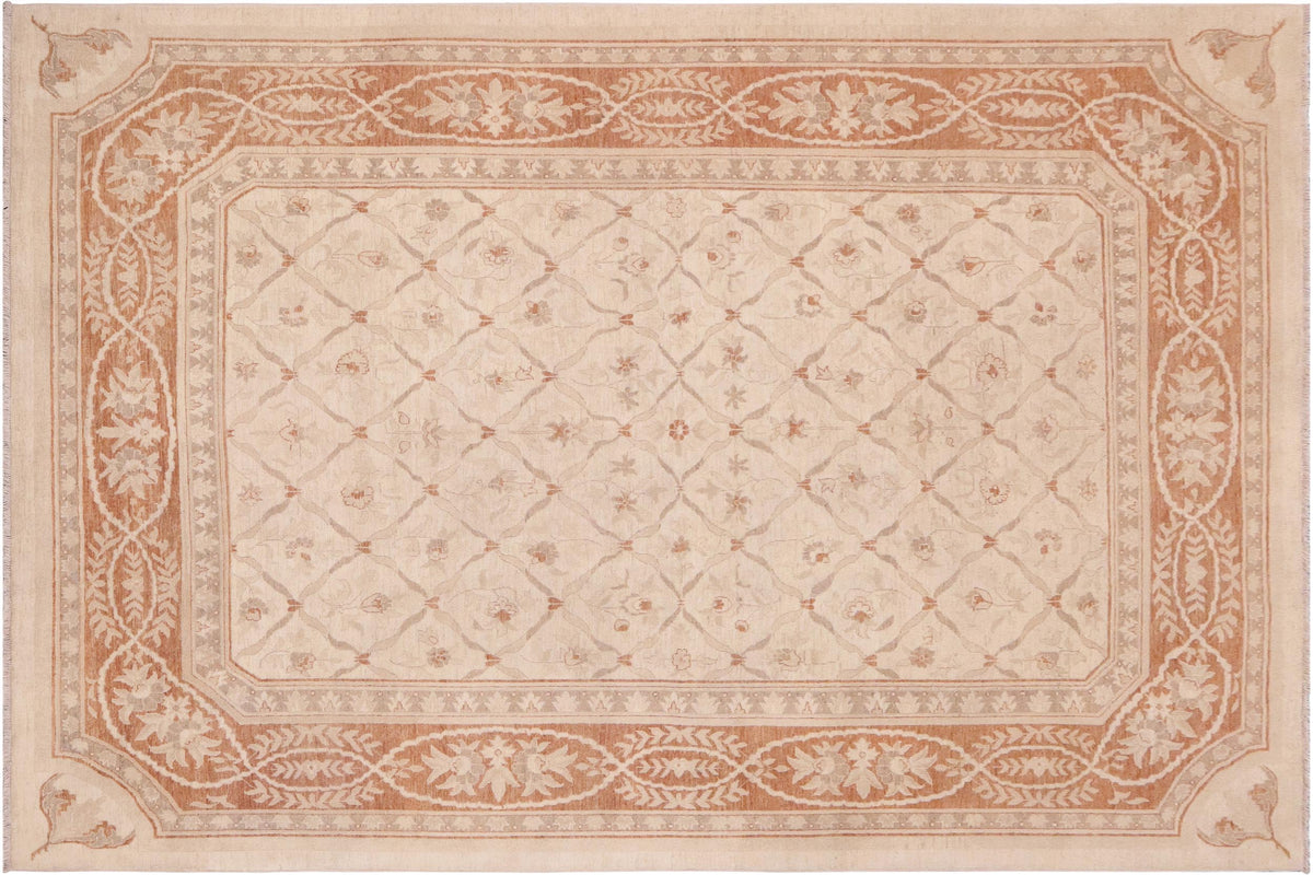 9x12 hand knotted transitional wool rug in beige and copper - Oriental Leesa