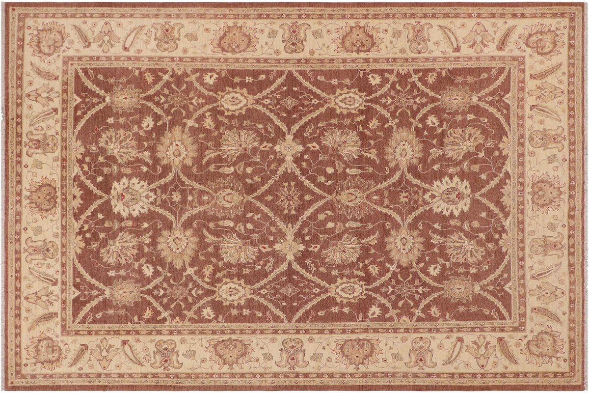 9x12 hand knotted transitional wool rug in red and beige - Boho Chic Christia