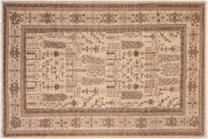 handmade Geometric Kafkaz Beige Brown Hand Knotted RECTANGLE 100% WOOL area rug 6' x 9'