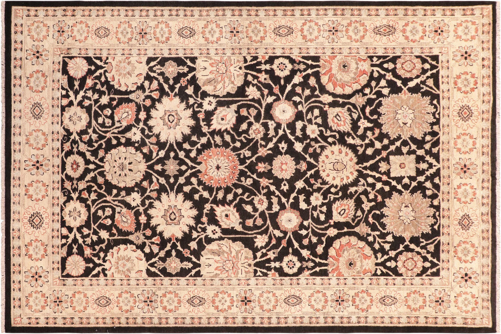 handmade Traditional Lahore Black Beige Hand Knotted RECTANGLE 100% WOOL area rug 6x9