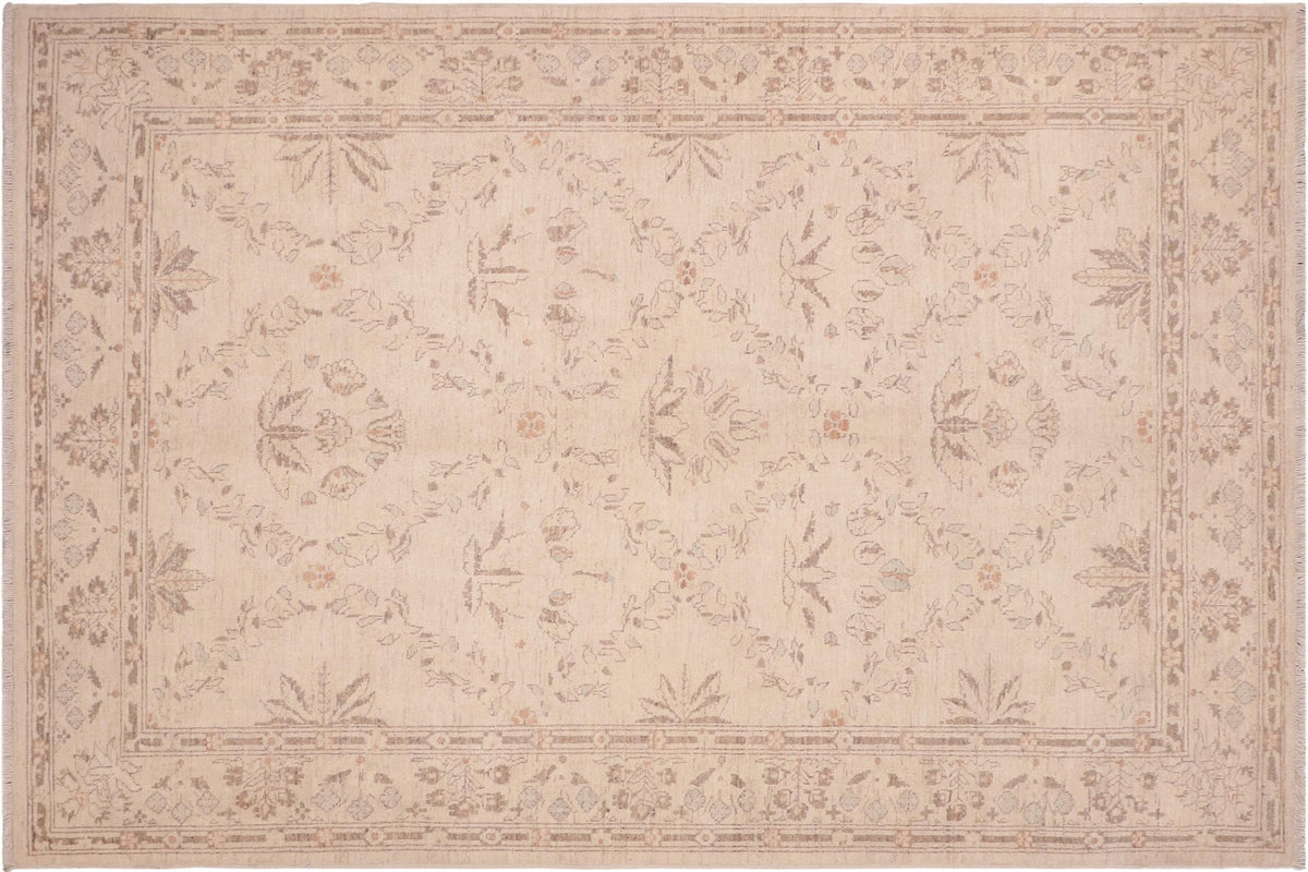6x9 hand knotted transitional wool rug in beige and brown - Classic Mozell