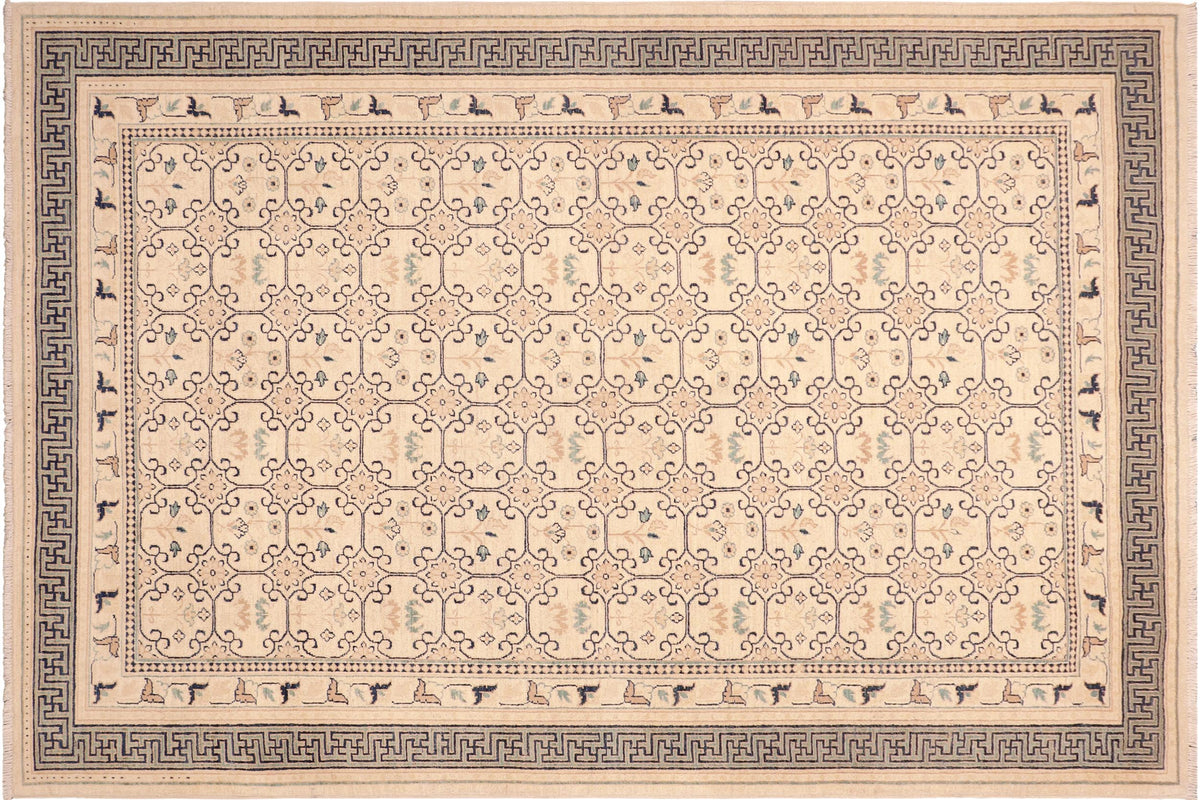 6x9 hand knotted transitional wool rug in beige and green - Bohemian Buffy