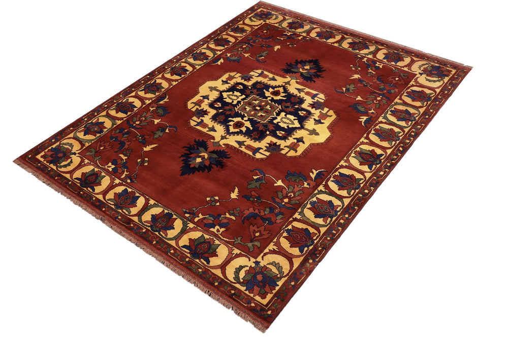 handmade Geometric Kargahi Rust Gold Hand Knotted RECTANGLE 100% WOOL area rug 7x10
