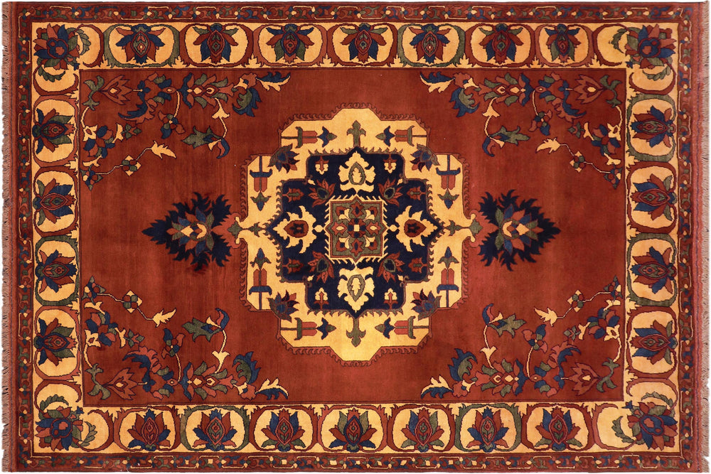 handmade Geometric Kargahi Rust Gold Hand Knotted RECTANGLE 100% WOOL area rug 7x10