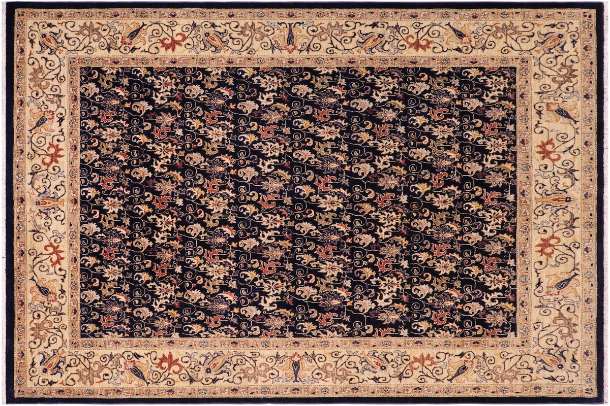 8x10 hand knotted transitional wool rug in blue and gold - Classic Denita Blue/ Gold