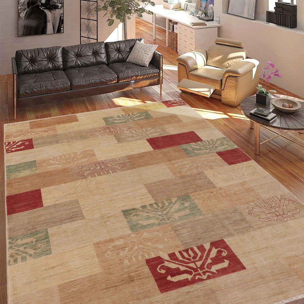 handmade Modern Kafkaz Tan Red Hand Knotted RECTANGLE 100% WOOL area rug 9' x 11'