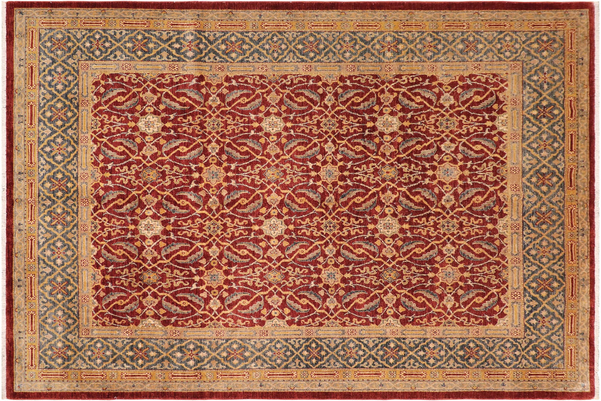 8x10 hand knotted transitional wool rug in rust and blue - Oriental Pearle