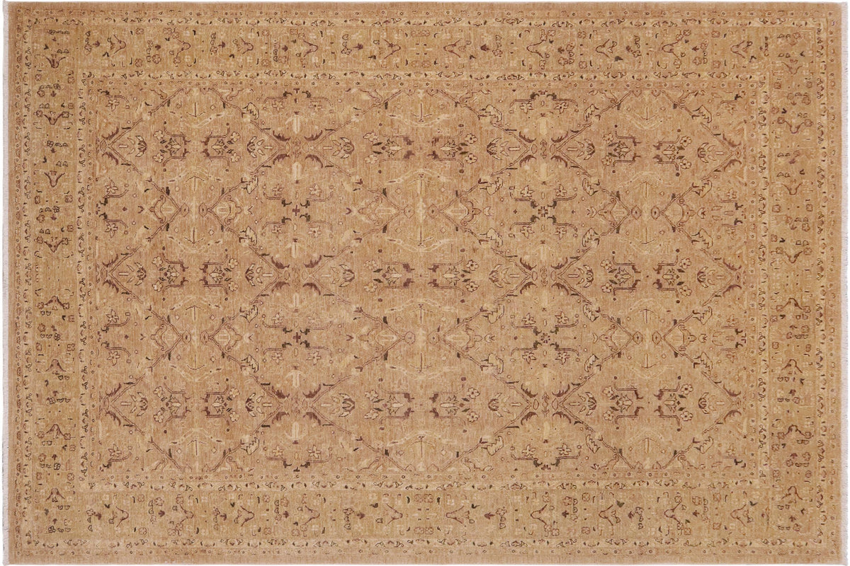 9x12 hand knotted transitional wool rug in tan and green - Chic Corrin Tan/ Green