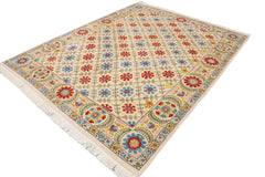 handmade Geometric Kafkaz Beige Blue Hand Knotted RECTANGLE 100% WOOL area rug 10' x 12'
