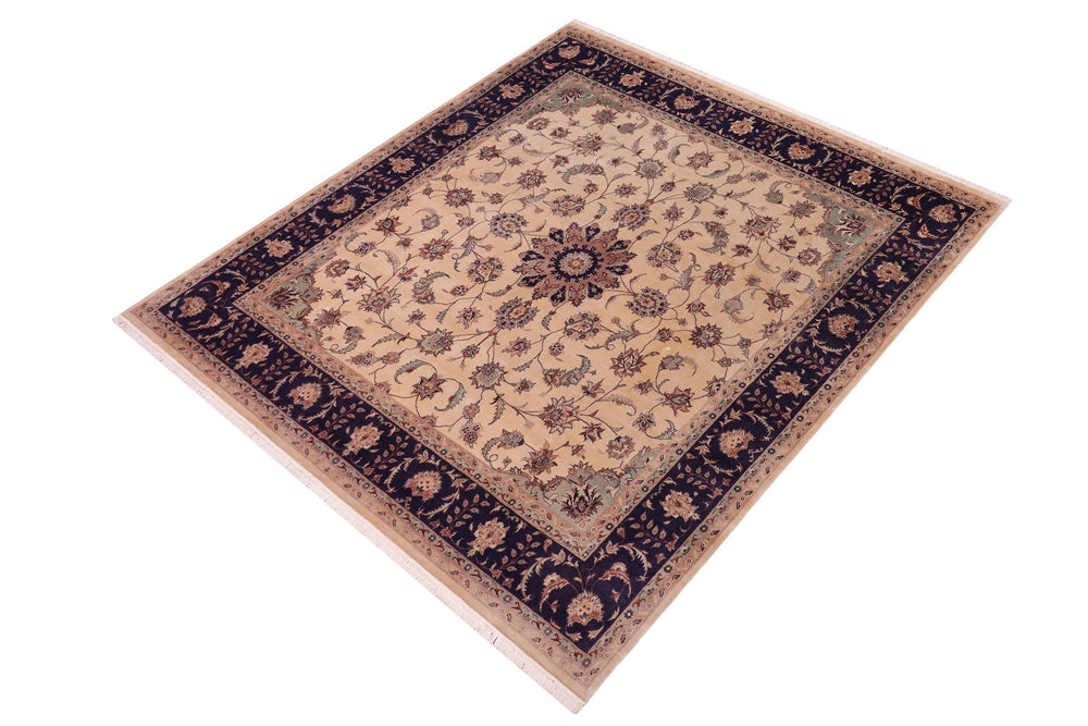 handmade Traditional Kashan Tan Blue Hand Knotted SQUARE 100% WOOL area rug 8x8
