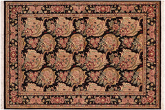 handmade Transitional Basarabian Black Pink Hand Knotted RECTANGLE 100% WOOL area rug 6' x 9'