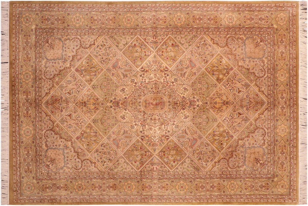 handmade Traditional Gulab Taupe Green Hand Knotted RECTANGLE 100% WOOL area rug 6x9