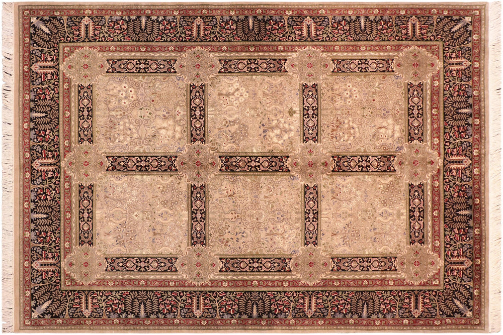 handmade Transitional  Beige Black Hand Knotted RECTANGLE 100% WOOL area rug 6x9