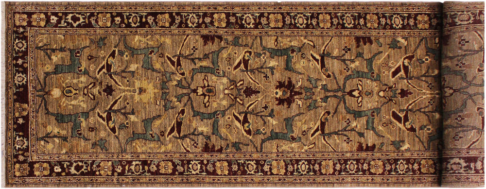handmade Transitional Kafkaz Dark Tan Drk. Red Hand Knotted RUNNER 100% WOOL area rug 4' x 13'